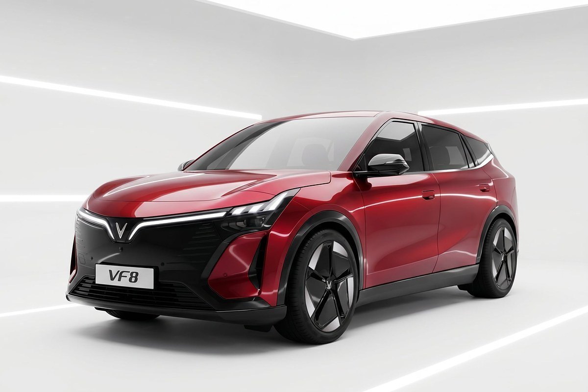 VinFast VF8 thế hệ mới màu đỏ trong không gian trưng bày