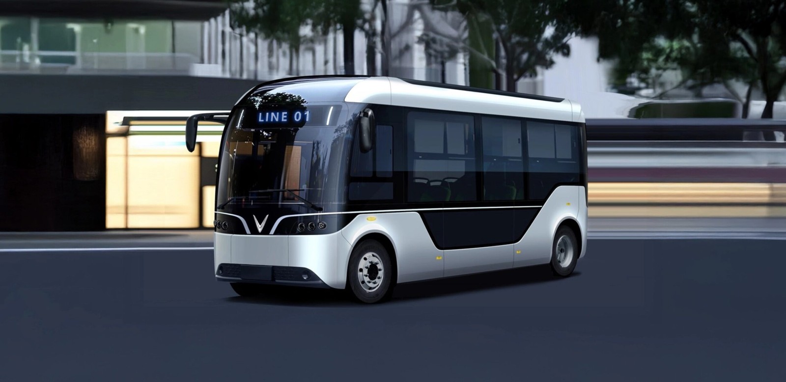VinFast EBus màu trắng đen nhìn từ góc 3/4 phía trước